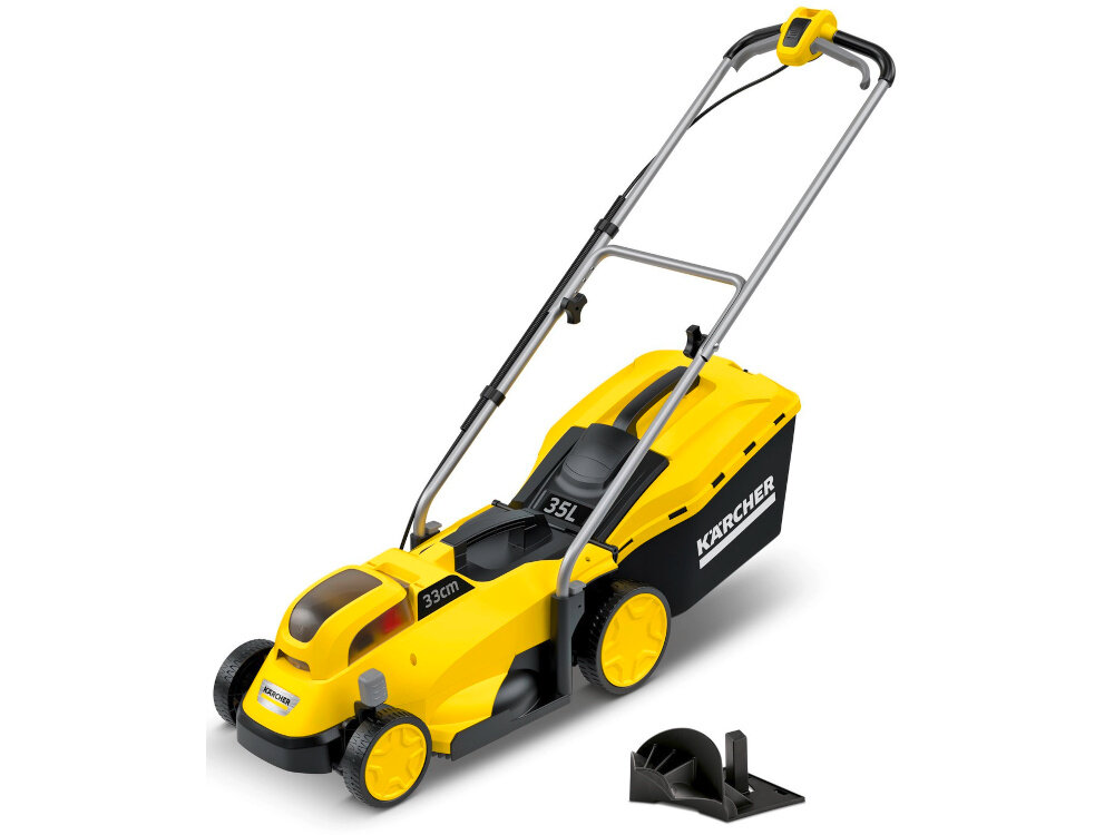 Żółta kosiarka akumulatorowa z czarnymi elementami, oznaczona logo KARCHER. Na obudowie widoczne napisy \'33cm\' i \'35L\'.