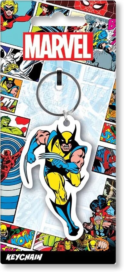 Gumowy brelok przedstawiający postać z komiksu w żółto-niebieskim stroju z pazurami, na tle kolorowych paneli komiksowych. Widoczne logo \'MARVEL\' oraz napis \'KEYCHAIN\'.