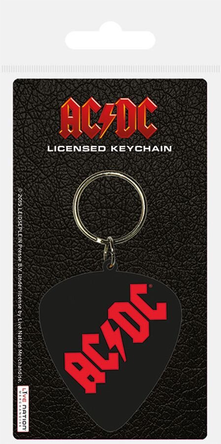 Gumowy brelok w kształcie kostki gitarowej z czerwonym logo \'AC/DC\' na czarnym tle. Opakowanie zawiera napis \'LICENSED KEYCHAIN\' oraz logo \'media expert\'.
