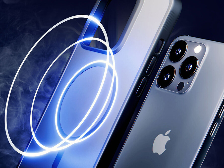 Obraz przedstawia dwa smartfony z widocznymi aparatami fotograficznymi i logo w kształcie jabłka. W tle widoczne są niebieskie świetlne okręgi i dym.