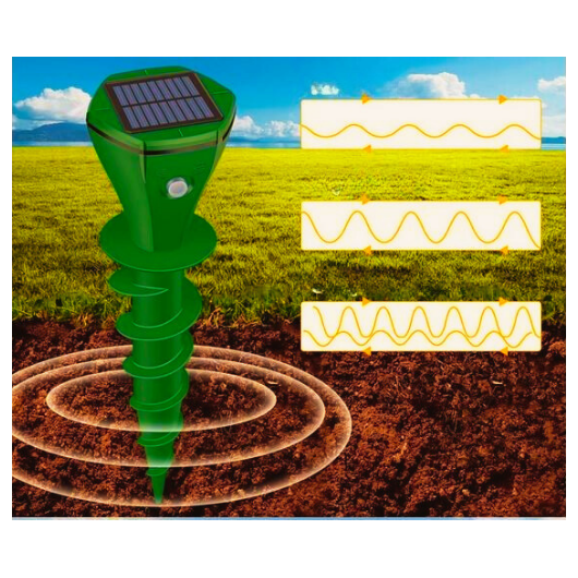 Obraz przedstawia zielony solarny odstraszacz zwierząt wkręcony w ziemię na tle pola. Wokół urządzenia widoczne są fale dźwiękowe, a obok znajdują się trzy wykresy falowe.
