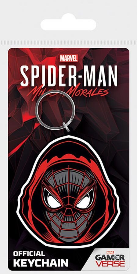 Brelok gumowy przedstawiający maskę Spider-Mana Milesa Moralesa w czerwono-czarnych kolorach. Na opakowaniu widnieje tekst: \'MARVEL SPIDER-MAN Miles Morales\', \'OFFICIAL KEYCHAIN\', \'GAMERVERSE\'.