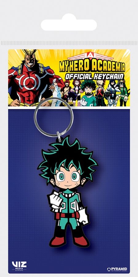Gumowy brelok przedstawiający postać z zielonymi włosami i strojem superbohatera. Na opakowaniu widnieje napis \'MY HERO ACADEMIA OFFICIAL KEYCHAIN\'.