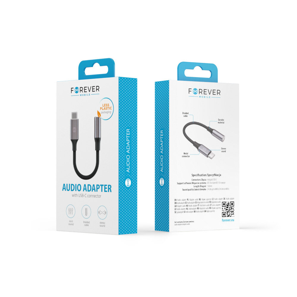 Opakowanie adaptera audio Forever z USB-C na Jack 3,5 mm, z przodu widoczny jest obraz produktu oraz napis \'AUDIO ADAPTER with USB-C connector\'. Z tyłu opakowania znajdują się specyfikacje techniczne oraz kod QR prowadzący do strony forever.eu.