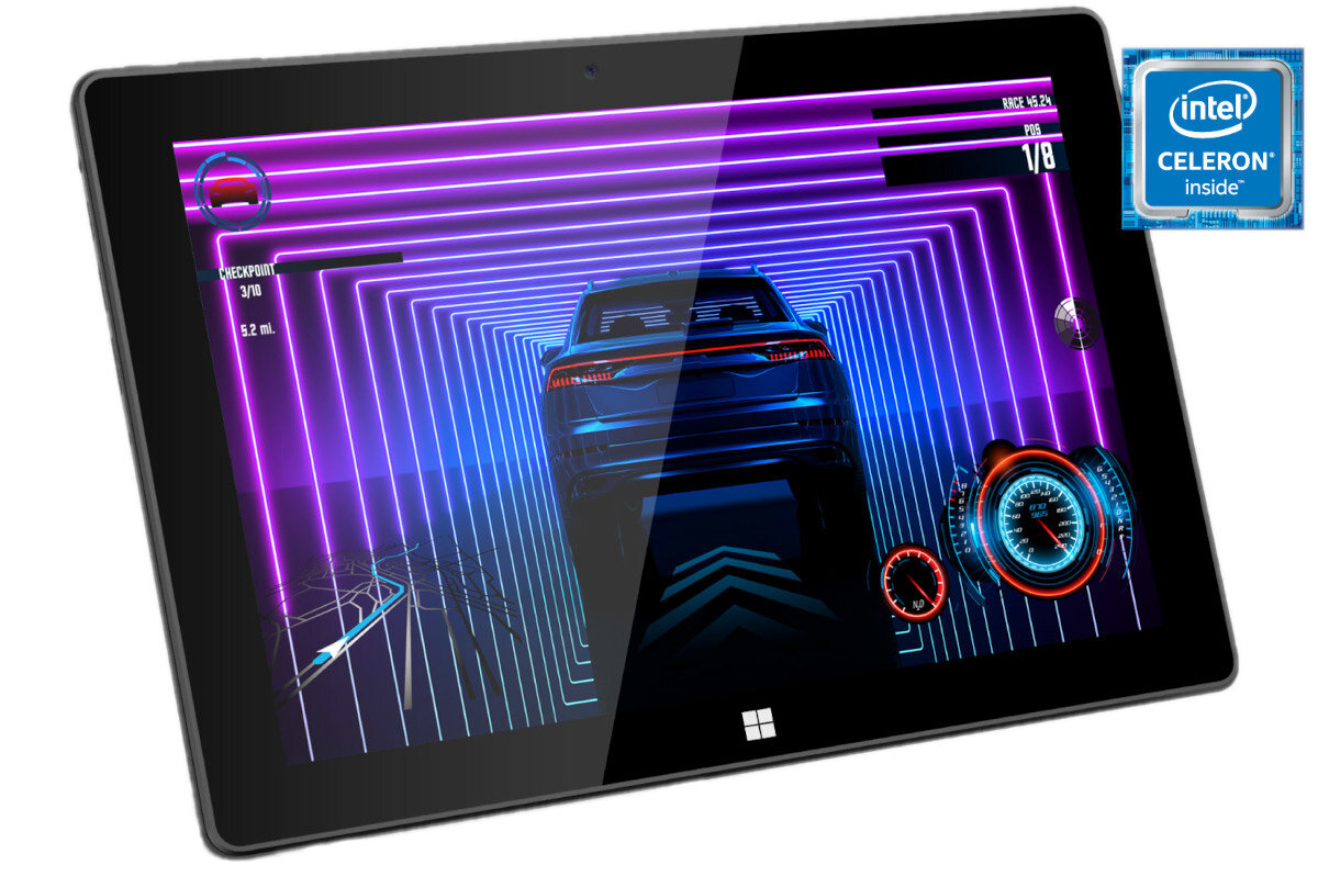 Tablet wyświetla grę wyścigową z samochodem w neonowym tunelu. W prawym górnym rogu widoczne jest logo \'intel celeron inside\'.