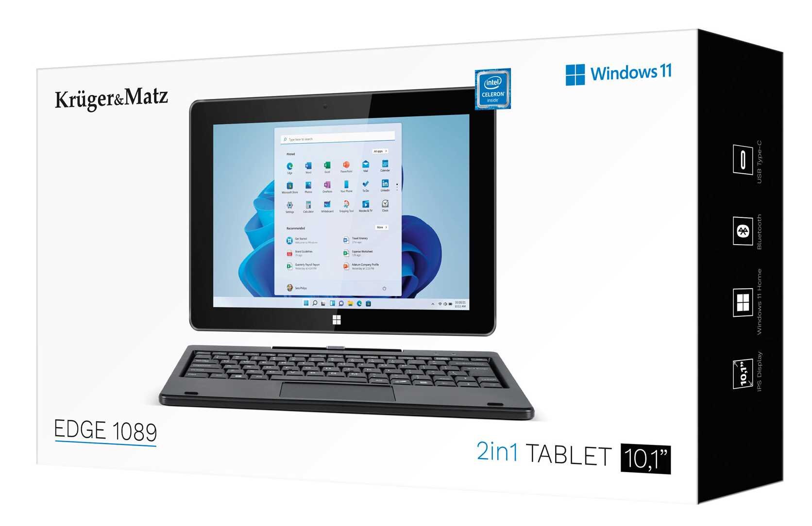 Opakowanie produktu Krüger&Matz z tabletem 2w1 EDGE 1089 o przekątnej 10,1 cala, z systemem Windows 11. Na opakowaniu widoczne są logotypy Krüger&Matz, Intel Celeron oraz Windows 11, a także specyfikacje takie jak USB Type-C i Bluetooth 5.0.
