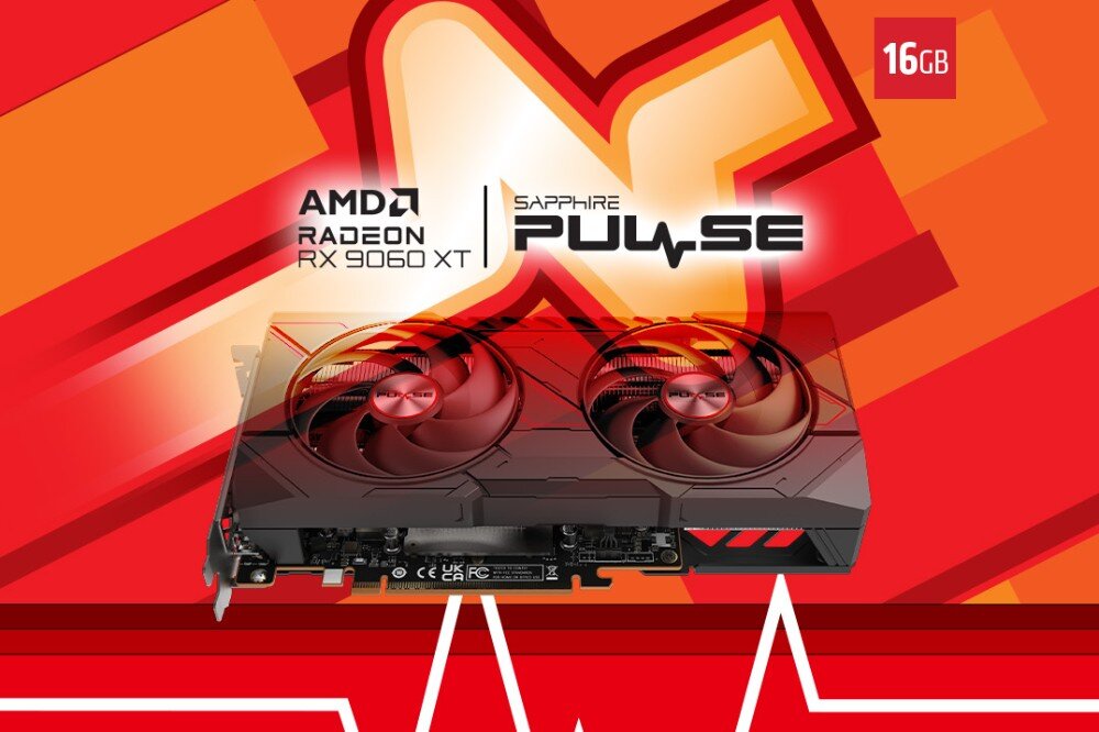 Obraz przedstawia kartę graficzną z dwoma wentylatorami na tle dynamicznej grafiki w odcieniach czerwieni i pomarańczu. Widoczny tekst: \'AMD Radeon RX 9060 XT\', \'SAPPHIRE PULSE\', \'16GB\'.