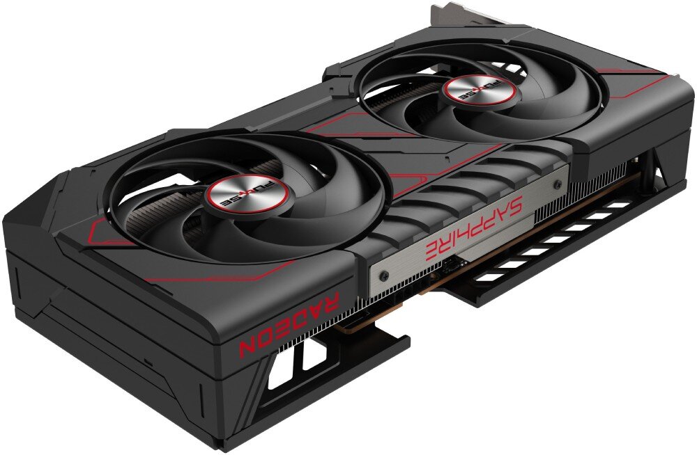 Karta graficzna z dwoma dużymi wentylatorami, na obudowie widoczne napisy \'SAPPHIRE\' i \'RADEON\'. Obudowa jest czarna z czerwonymi akcentami.