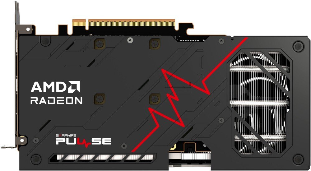 Obraz przedstawia kartę graficzną z widocznym logo AMD RADEON oraz napisem SAPPHIRE PULSE. Na powierzchni karty znajduje się czerwony wzór przypominający linię pulsu.