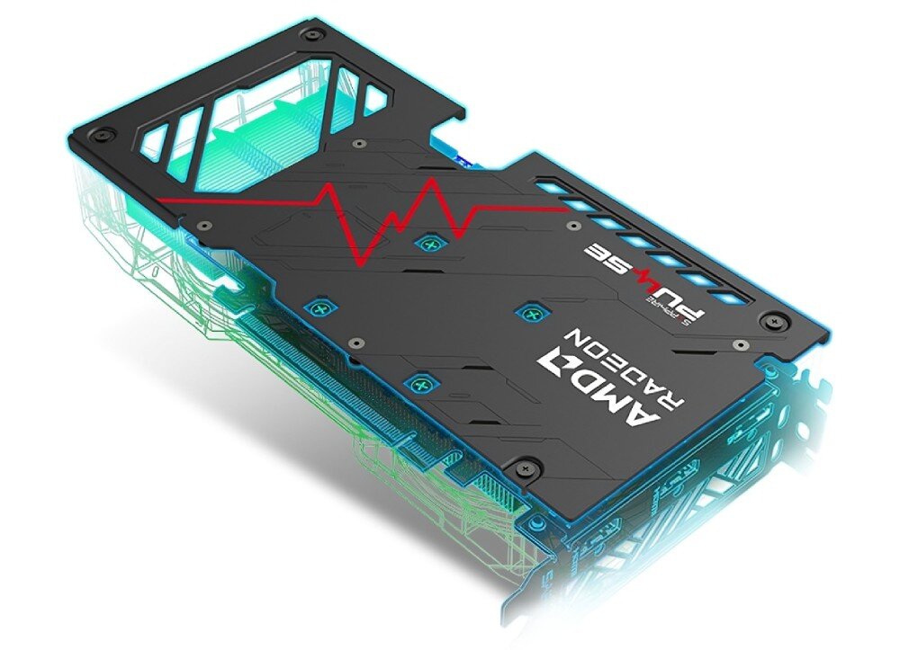 Obraz przedstawia kartę graficzną z czarną obudową, na której widnieje czerwony wykres oraz napisy \'PULSE\' i \'AMD RADEON\'. Karta ma widoczne elementy konstrukcyjne w kolorze niebieskim i zielonym.