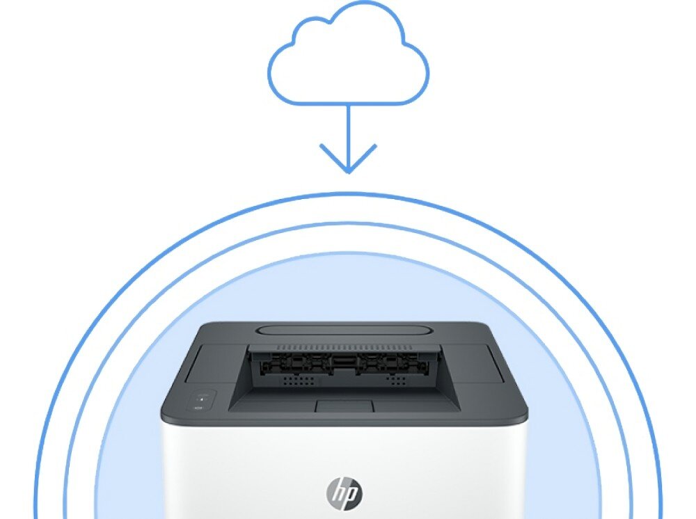 Obraz przedstawia drukarkę z widocznym logo HP na przodzie. Nad drukarką znajduje się symbol chmury z niebieską strzałką skierowaną w dół.