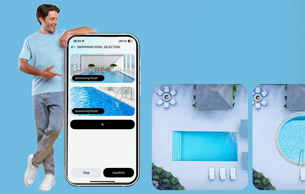 Obraz przedstawia mężczyznę stojącego obok dużego smartfona z aplikacją do wyboru basenu, z widocznymi opcjami \'Swimming Pool1\' i \'Swimming Pool2\'. Obok znajdują się dwa zdjęcia basenów z widokiem z góry, jeden prostokątny, drugi okrągły.