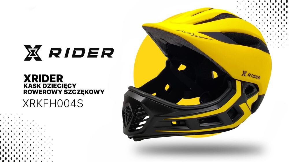 Żółto-czarny kask rowerowy XRIDER XRKFH004S z odpinaną szczęką i lampką, przeznaczony dla dzieci. Obok kasku widoczny jest tekst: \'XRIDER KASK DZIECIĘCY ROWEROWY SZCZĘKOWY XRKFH004S\'.