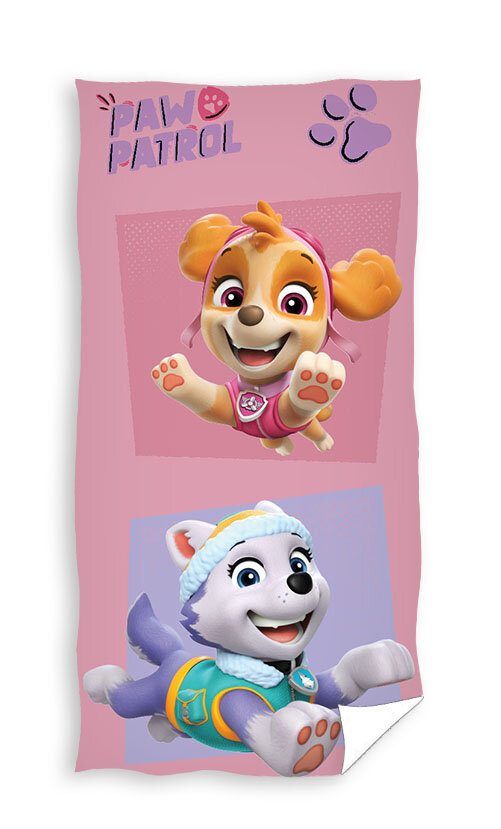 Różowy ręcznik dziecięcy z postaciami z bajki, przedstawiający dwa psy w kolorowych strojach. Na górze widnieje napis \'PAW PATROL\' oraz symbol łapy.