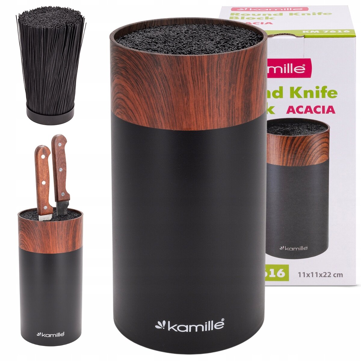 Czarny, cylindryczny stojak na noże z drewnianym wykończeniem na górze i logo \'kamille\' na dole. Obok znajduje się opakowanie z napisem \'kamille\' oraz \'Stand Knife Block ACACIA\'.