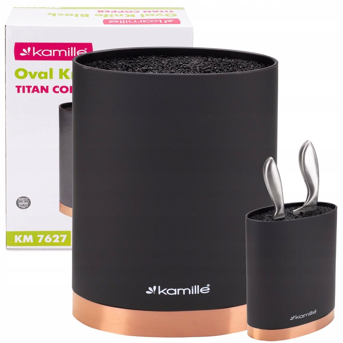 Czarny, owalny stojak na noże z miedzianą podstawą i logo \'kamille\'. W tle widoczne jest opakowanie z napisem \'Oval Knife Block Titan Copper KM 7627\'.
