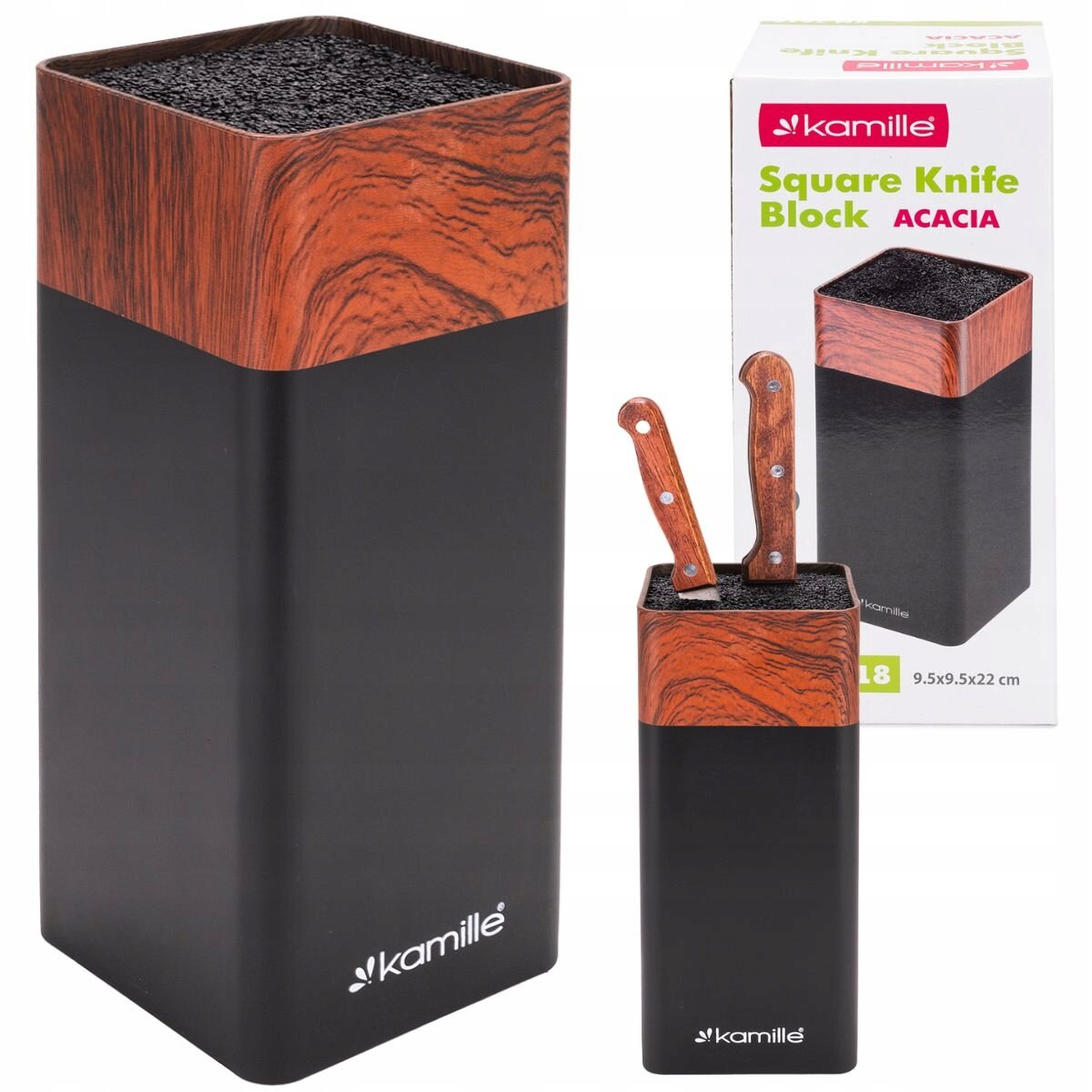Na obrazie widoczny jest czarny blok stojak do noży z drewnianym wykończeniem na górze, z logo \'kamille\'. Obok znajduje się opakowanie z napisem \'Square Knife Block ACACIA\'.