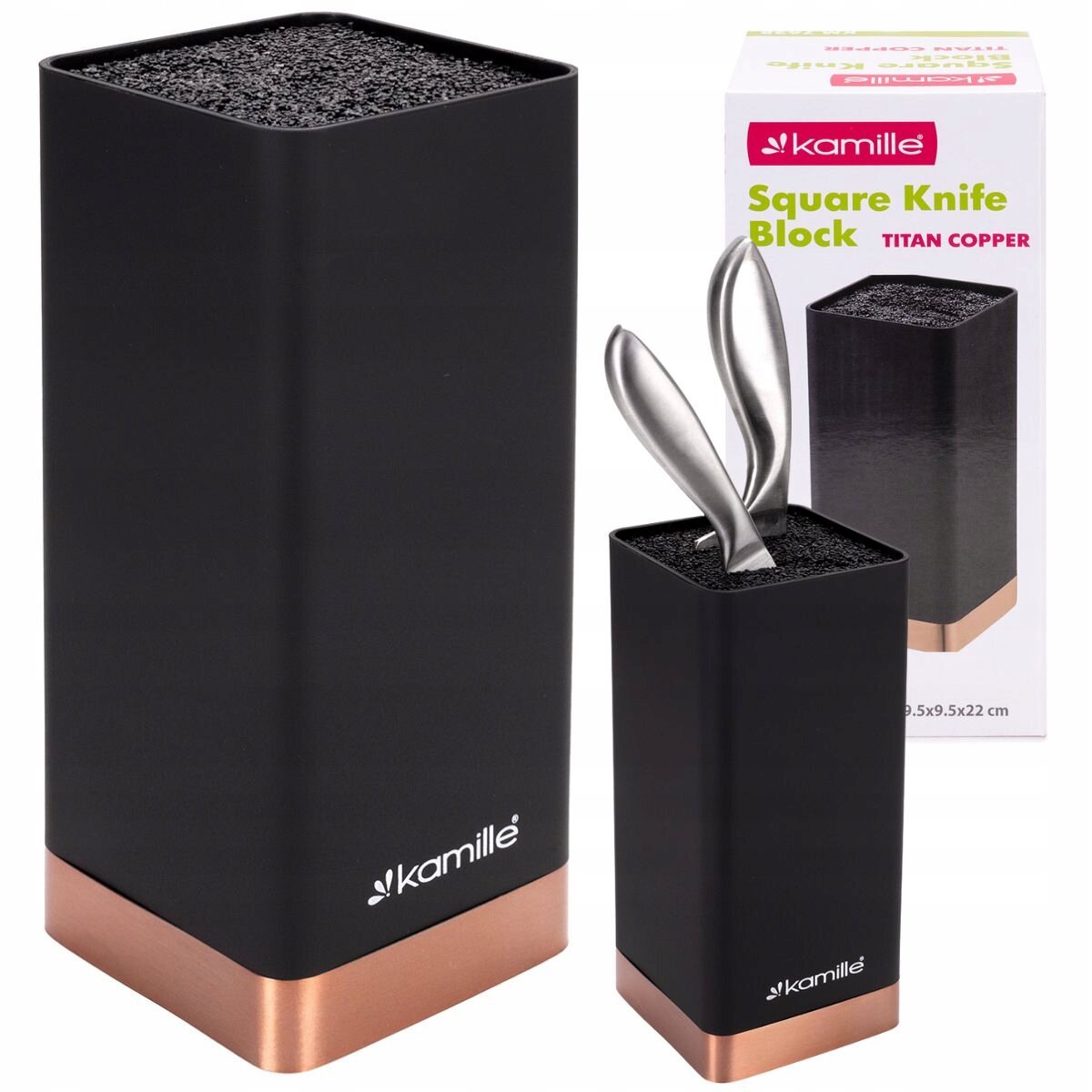 Czarny blok na noże z miedzianą podstawą, z logo \'kamille\' na dole. Obok znajduje się opakowanie z napisem \'Square Knife Block TITAN COPPER\'.
