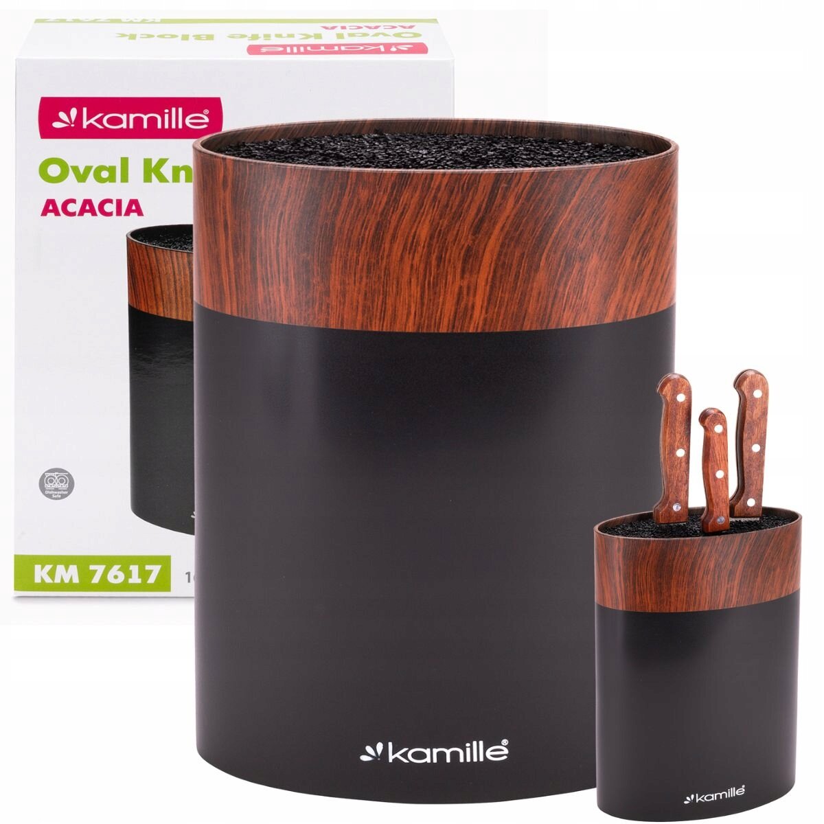 Czarny stojak na noże z drewnianym wykończeniem na górze, z trzema nożami w środku. W tle widoczne jest opakowanie z napisem \'kamille Oval Knife Block ACACIA KM 7617\'.