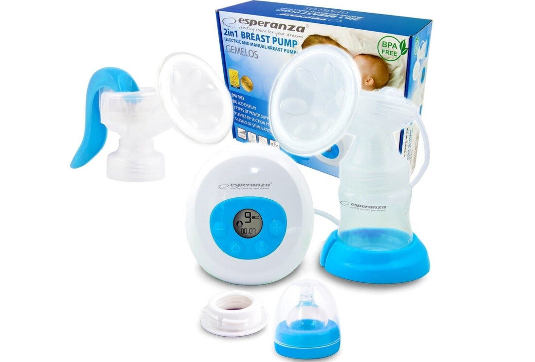 Na obrazie znajduje się laktator z elementami w kolorze białym i niebieskim oraz opakowanie z napisem \'Esperanza 2in1 Breast Pump\'. Widoczny jest również wyświetlacz z cyfrą \'9\' oraz logo \'esperanza\'.