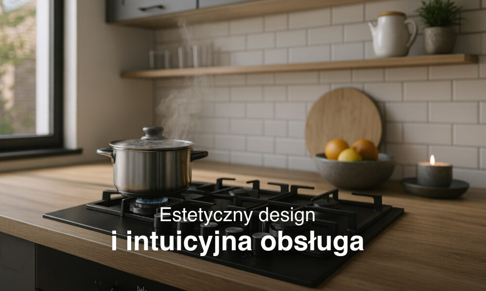 Na drewnianym blacie kuchennym znajduje się płyta gazowa z garnkiem, z którego unosi się para. Na obrazie widoczny jest tekst: \'Estetyczny design i intuicyjna obsługa\'.