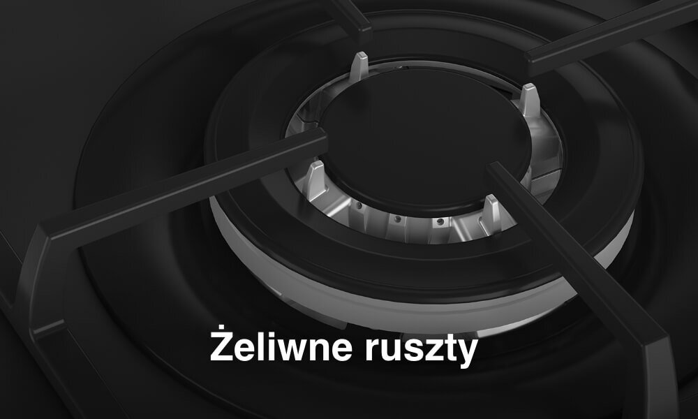 Zbliżenie na palnik gazowy z żeliwnymi rusztami. Na obrazie widoczny jest tekst: \'Żeliwne ruszty\'.