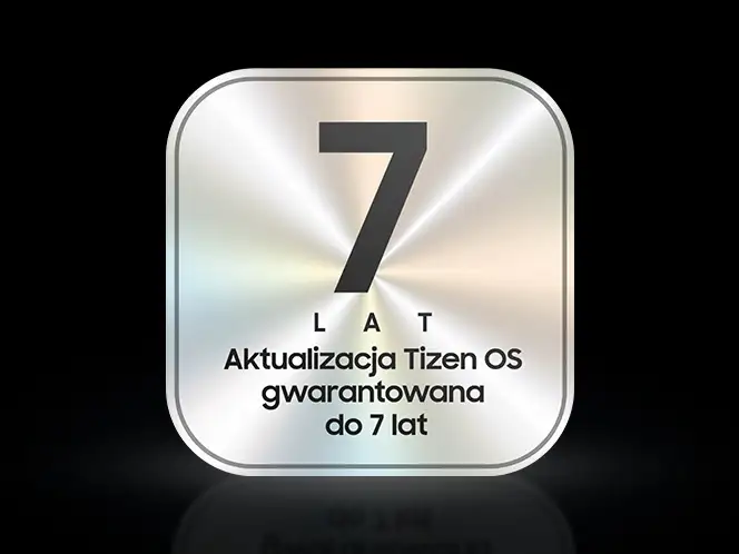 2025 one ui tizen one ui tizen banner 664x498 Obraz przedstawia srebrny kwadrat z dużą cyfrą 7 na środku. Pod cyfrą znajduje się tekst: \'Aktualizacja Tizen OS gwarantowana do 7 lat\'.