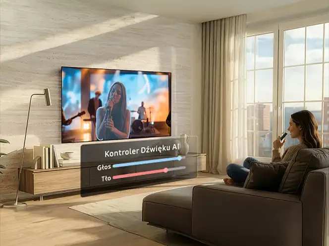 W salonie na ścianie wisi telewizor, na którym wyświetlany jest koncert. Na ekranie widoczny jest napis: \'Kontroler Dźwięku AI, Głos, Tło\'.