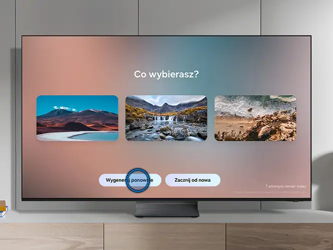 Telewizor wyświetla ekran z trzema obrazami krajobrazów i pytaniem \'Co wybierasz?\'. Pod obrazami znajdują się przyciski \'Wygeneruj ponownie\' i \'Zacznij od nowa\'.