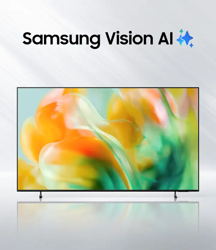 2026-mini-led-kv-mo-start 720x830 Telewizor z cienką ramką wyświetla abstrakcyjny, kolorowy obraz w odcieniach pomarańczowego i zielonego. Nad ekranem widoczny jest napis \'Samsung Vision AI\' z ikoną błyszczącej gwiazdki.