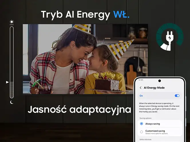 Na obrazie widoczna jest kobieta i dziecko w czapkach urodzinowych, siedzące przy stole z tortem. Obok znajduje się ekran telefonu z włączonym trybem \'AI Energy Mode\' oraz teksty: \'Tryb AI Energy WŁ.\' i \'Jasność adaptacyjna\'.