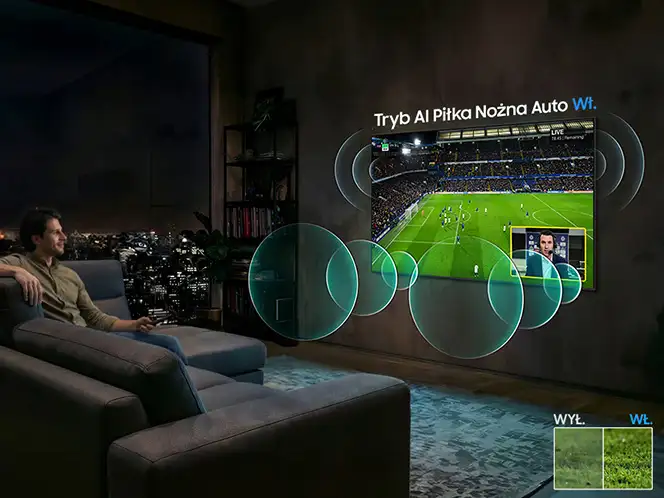 2026-ai-football-mode 664x498 Osoba siedzi na kanapie w salonie, oglądając mecz piłki nożnej na telewizorze. Na ekranie widoczny jest napis \'Tryb AI Piłka Nożna Auto Wł.\' oraz porównanie obrazu z trybem wyłączonym i włączonym.