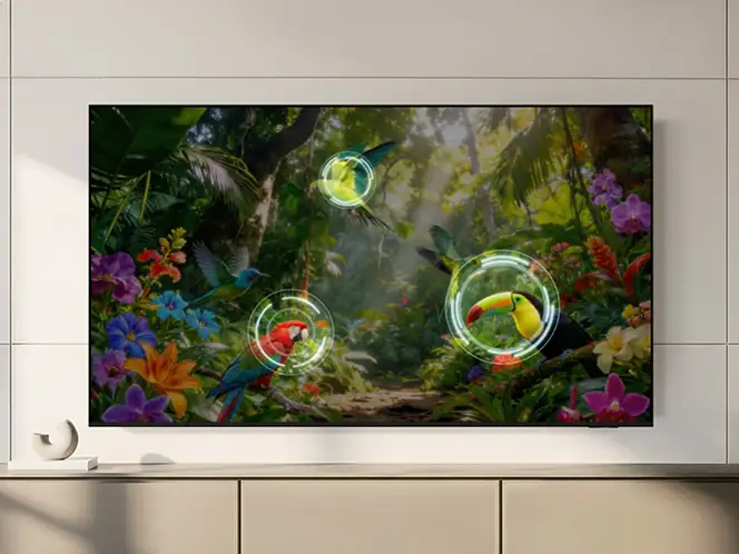 Telewizor wyświetla obraz tropikalnego lasu z kolorowymi ptakami i kwiatami. Na ekranie widoczne są efekty świetlne w postaci okręgów wokół ptaków.