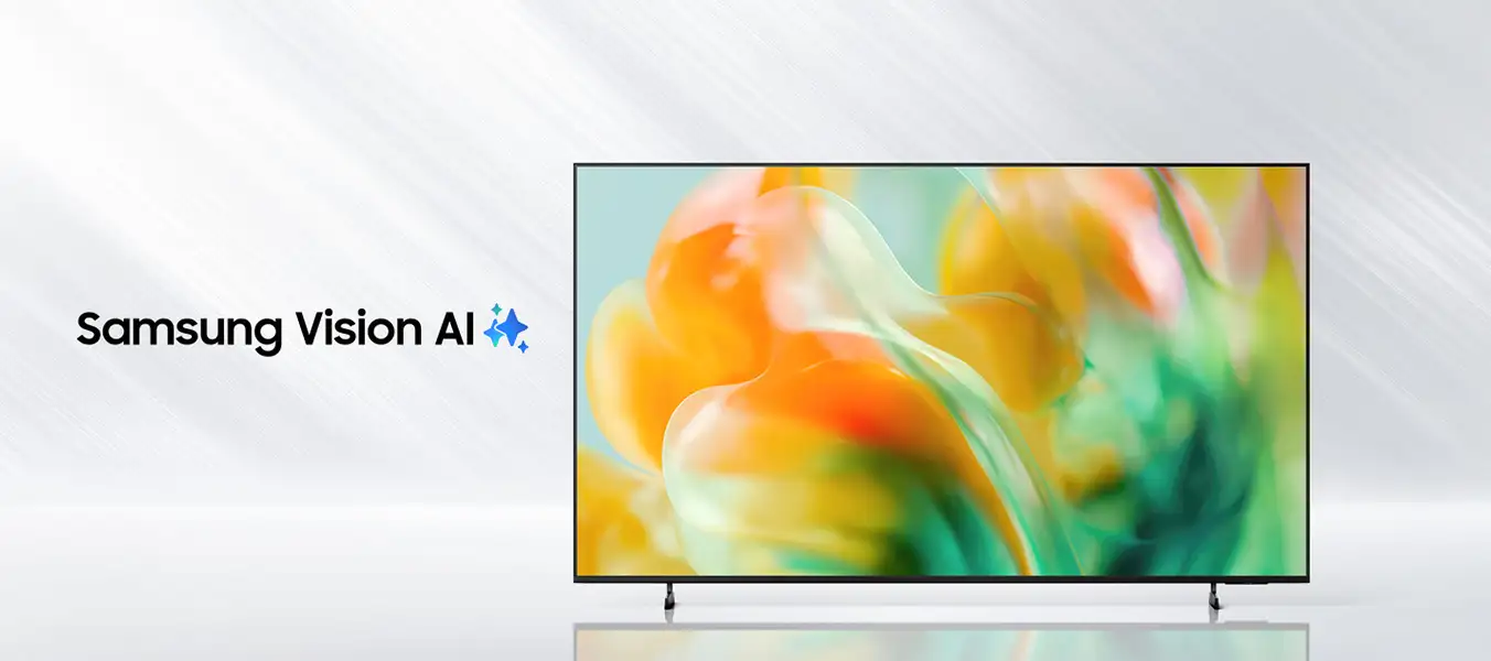 2026-mini-led-kv-pc-start 1352x600 Obraz przedstawia telewizor z kolorowym, abstrakcyjnym wzorem na ekranie. Obok widoczny jest napis \'Samsung Vision AI\'.