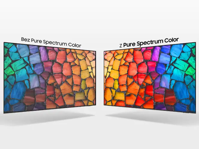 2026-mini-led-pure-spectrum-color 664x498 Obraz przedstawia dwa ekrany telewizorów z kolorowymi mozaikami. Na lewym ekranie widnieje napis \'Bez Pure Spectrum Color\', a na prawym \'z Pure Spectrum Color\'.