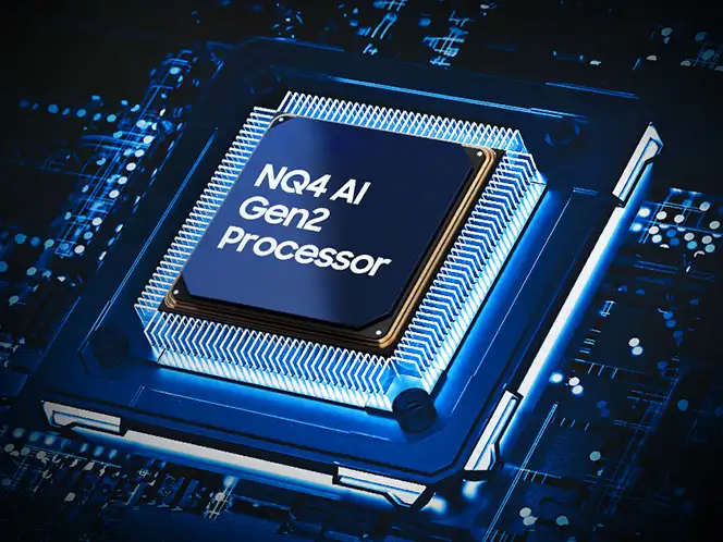 2026-nq4-ai-gen2-processor-1 664x498 Obraz przedstawia procesor z napisem \'NQ4 AI Gen2 Processor\' umieszczony na płytce drukowanej z niebieskim podświetleniem.