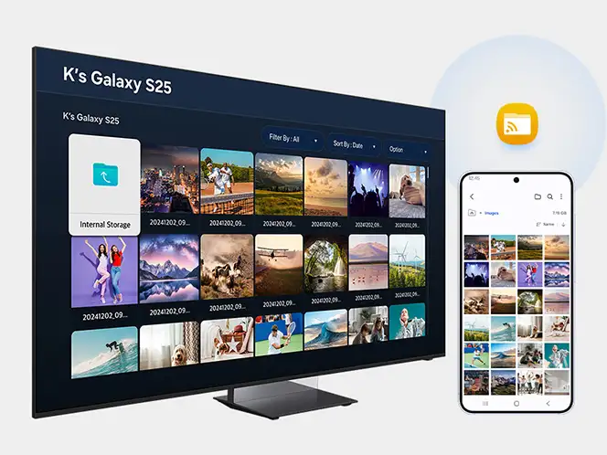 Na obrazie widoczny jest telewizor wyświetlający galerię zdjęć z podpisem \'K\'s Galaxy S25\', obok znajduje się smartfon z podobnym widokiem galerii. W prawym górnym rogu ekranu telewizora widnieje ikona z napisem \'Internal Storage\'.