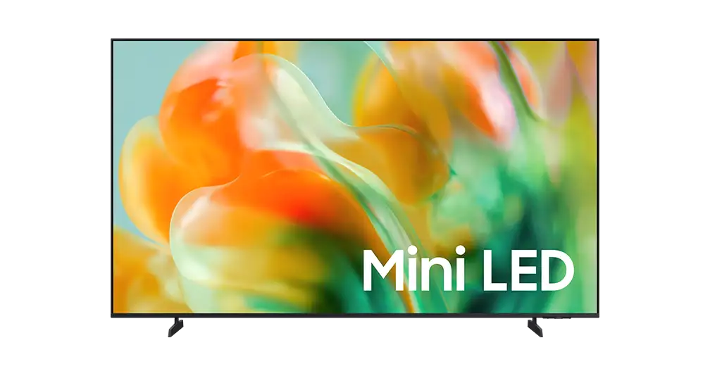 gu75m80hauxzg 001 front titan black 1008x534 Telewizor z wyświetlaczem pokazującym kolorowy, abstrakcyjny obraz z napisem \'Mini LED\'.