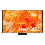 Telewizor z wyświetlaczem prezentującym abstrakcyjne, pomarańczowe wzory. Na ekranie widoczny jest napis \'Neo QLED\'.