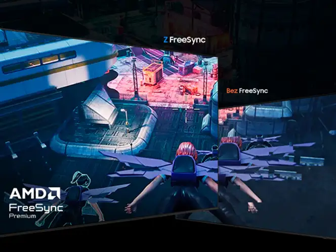 Obraz przedstawia porównanie jakości obrazu z technologią AMD FreeSync Premium i bez niej. Widoczny jest napis \'AMD FreeSync Premium\' oraz \'Z FreeSync\' i \'Bez FreeSync\'.