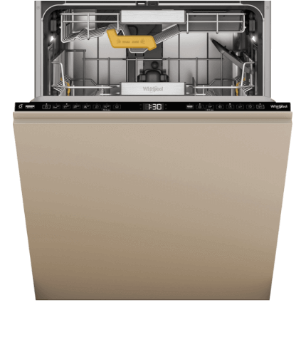 Zmywarka z otwartymi drzwiami, widoczny panel sterowania z wyświetlaczem pokazującym 1:30. Logo: Whirlpool.