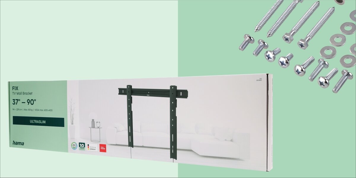 Opakowanie uchwytu do TV Hama Fix 37 - 90 cali Ultraslim z widocznymi elementami montażowymi, takimi jak śruby i podkładki. Na opakowaniu znajduje się logo \'hama\' oraz napis \'FIX TV Wall Bracket 37 - 90\' i \'ULTRASLIM\'.
