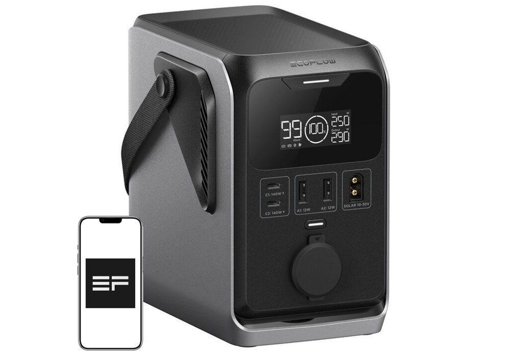 Na obrazie widoczna jest stacja zasilania z wyświetlaczem pokazującym wartości 99, 100%, 250 i 290 oraz kilkoma portami. Obok znajduje się smartfon z logo \'EF\'.