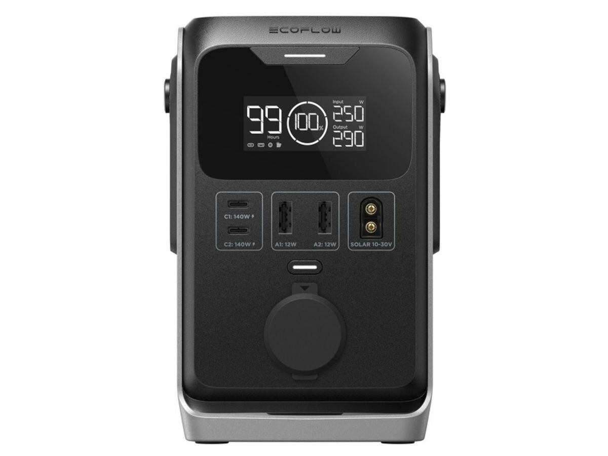 Czarna stacja zasilania z wyświetlaczem pokazującym wartości: 99 godzin, 100%, 250 W, 290. Widoczne są porty USB i gniazda z oznaczeniami C1: 140 W, A1: 12 W, A2: 12 W, SOLAR 10-30 V oraz logo ECOFLOW.