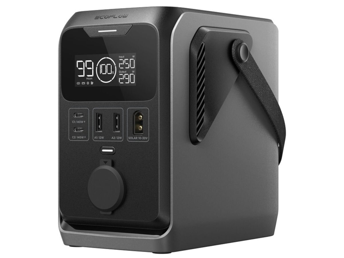 Czarna stacja zasilania z wyświetlaczem pokazującym wartości: 99, 100%, Input 250W, Output 290W. Posiada kilka portów USB i gniazdo zasilania, z boku znajduje się uchwyt do przenoszenia.