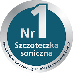 Okrągła naklejka z napisem \'Nr 1 Szczoteczka soniczna rekomendowana przez higienistki i dentystów na świecie\'.