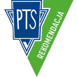 Logo w kształcie trójkąta z niebieskim napisem \'PTS\' na białym tle oraz zielonym napisem \'REKOMENDACJA\' na zielonym tle.