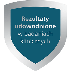 Tarcza w kolorze niebieskim z szarym obramowaniem, na której widnieje tekst: \'Rezultaty udowodnione w badaniach klinicznych\'.