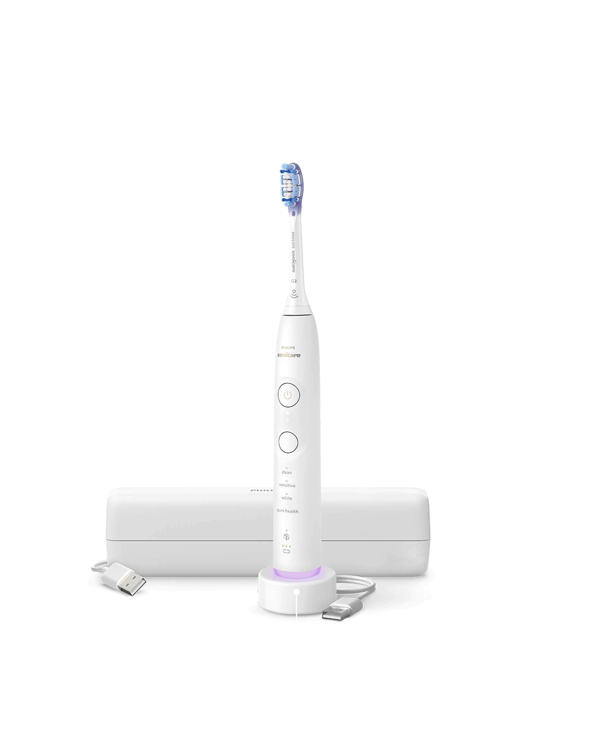Szczoteczka soniczna PHILIPS Sonicare 7100 HX7420/01 w kolorze białym z podłużną końcówką i etui podróżnym. Widoczne są opisy funkcji, takie jak długi czas pracy baterii, różne poziomy intensywności i programy czyszczenia.