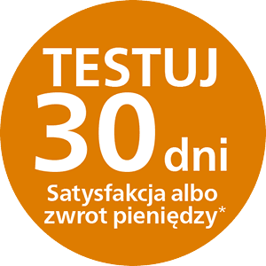 Pomarańczowe koło z białym tekstem: \'TESTUJ 30 dni Satysfakcja albo zwrot pieniędzy*\'.